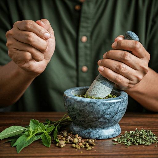 Traditional stone grinding of Siddha herbal medicine